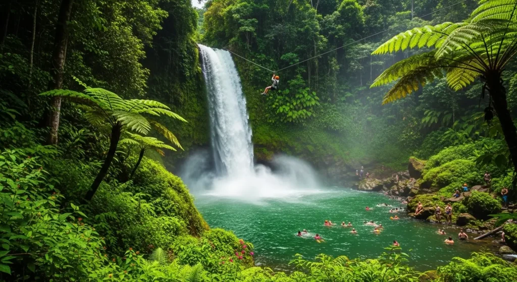 30+ Best Things to Do in Huatulco Oaxaca (2026 Guide) Cascadas Mágicas waterfall with zip line and tourists swimming in emerald pool near Huatulco