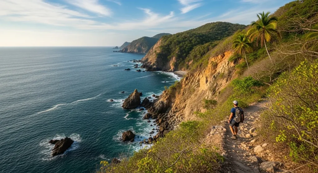 30+ Best Things to Do in Huatulco Oaxaca (2026 Guide) Hiker on coastal trail with Pacific Ocean cliffs and turquoise bays at Huatulco National Park