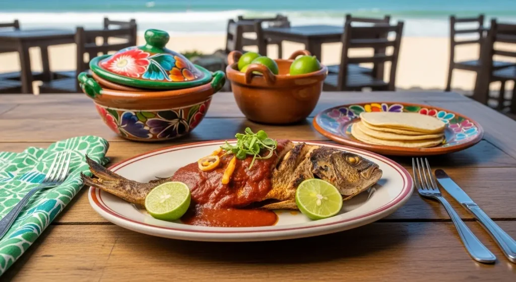 30+ Best Things to Do in Huatulco Oaxaca (2026 Guide) Pescado a la talla with red mole sauce on colorful pottery at beachfront restaurant in Huatulco