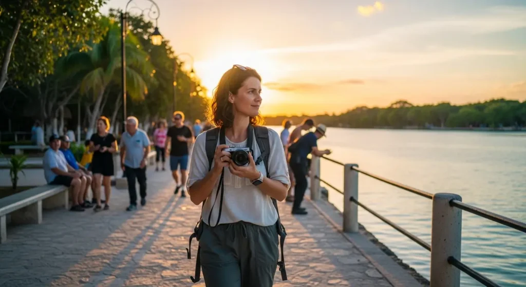 Solo female traveler safely exploring Bacalar Mexico