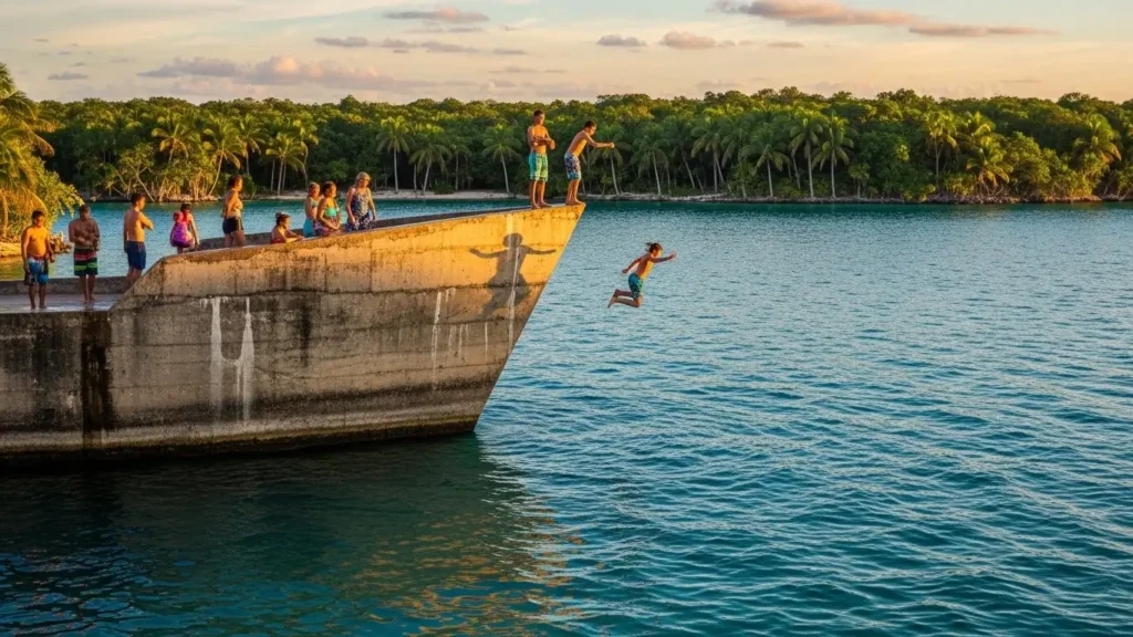 Canal de los Piratas: Your Complete Guide to Bacalar's Hidden Gem jumping and Swimming in water from cement boat